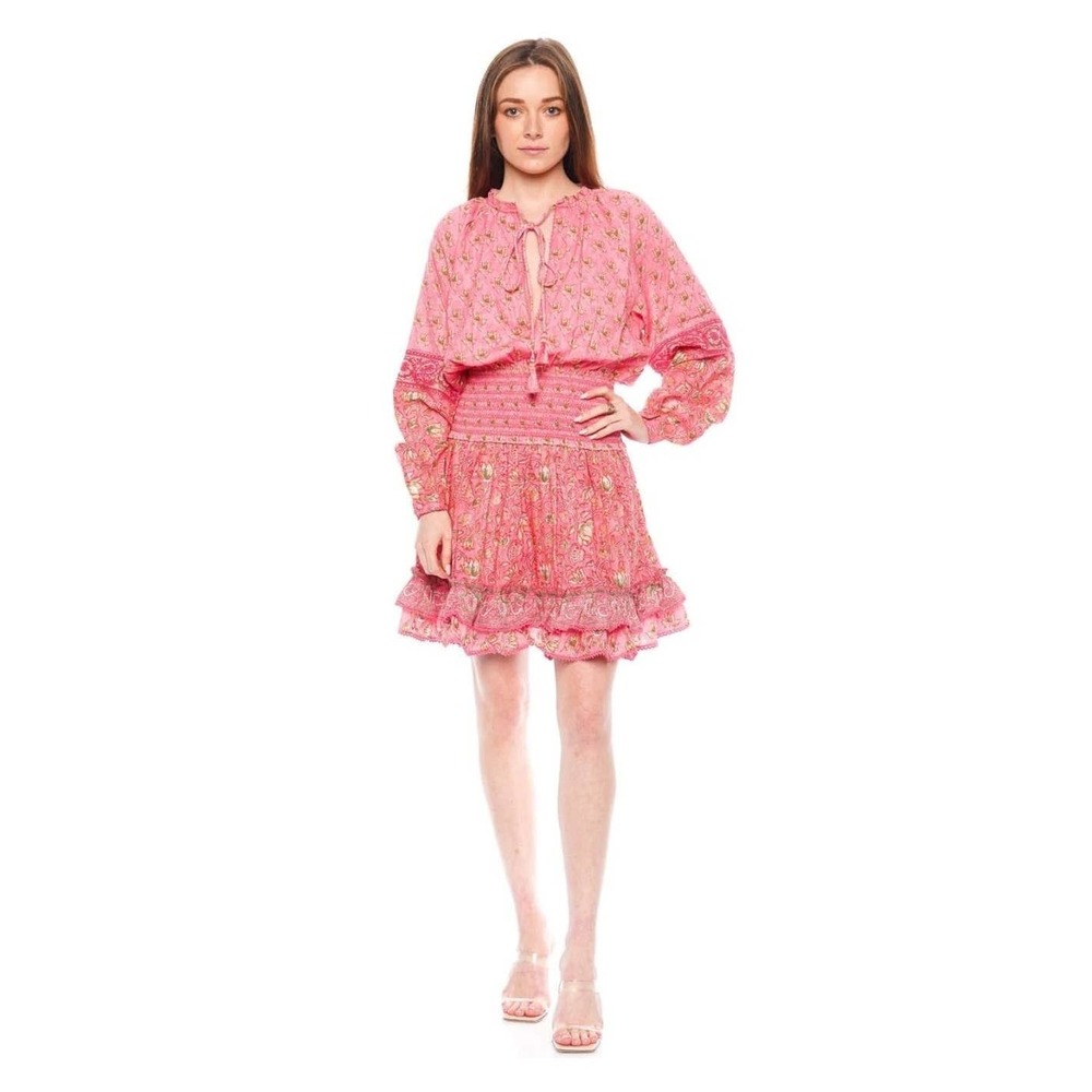 Hemant & Nandita Smocked Waist Roop Ruffled Short Dress Coral Size M NWT